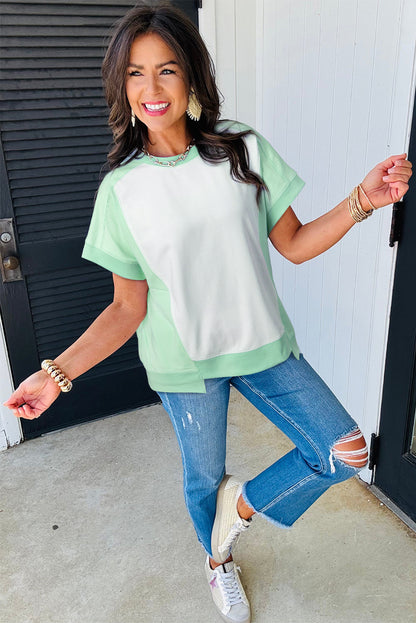 Light Green Color Block Exposed Seam Crew Neck T Shirt