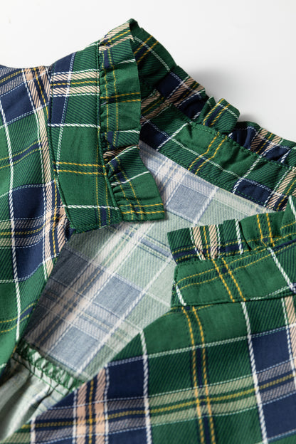 Green Plus Size Plaid Long Sleeve Notched Neck Shift Mini Dress