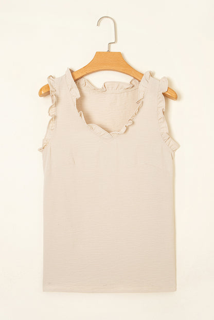 Parchment Textured Frilly Trim V Neck Sleeveless Top