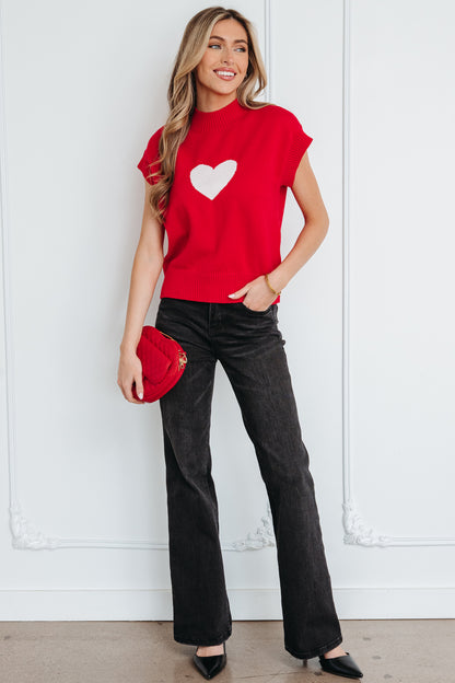Fiery Red Valentine Heart Graphic Cropped Short Sleeve Sweater