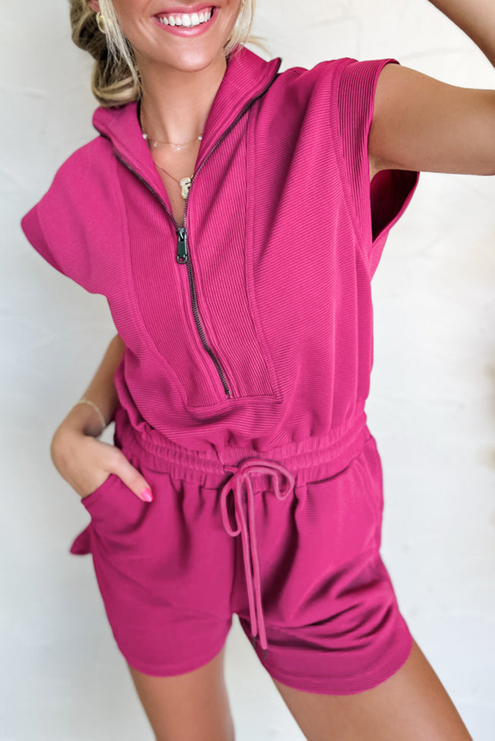 Rose Red Textured Short Sleeve Half Zip Drawstring Elastic Waistband Romper