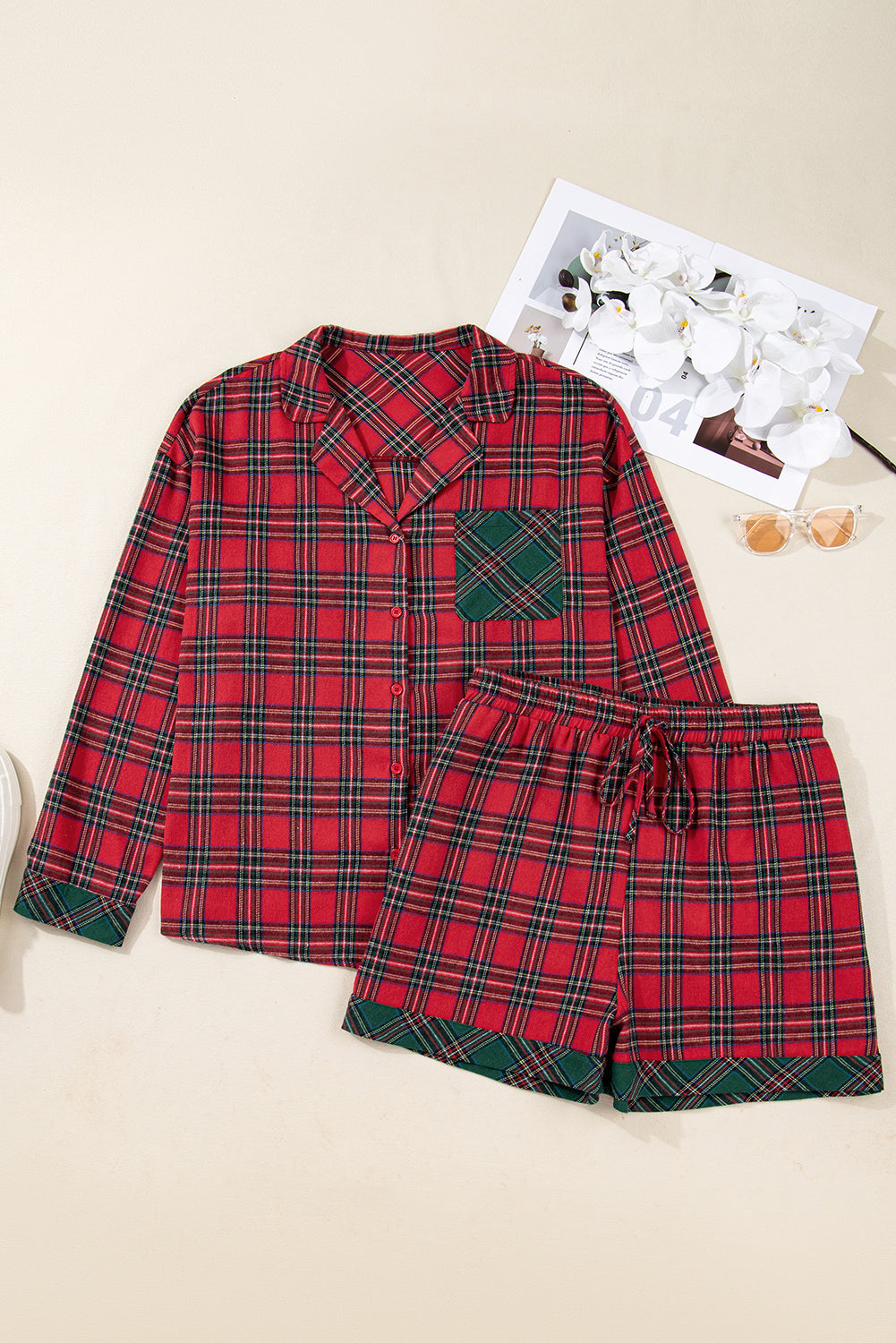Red Plus Size Plaid Contrast Patchwork Long Sleeve Shirt and Shorts 2pcs Pajama Set