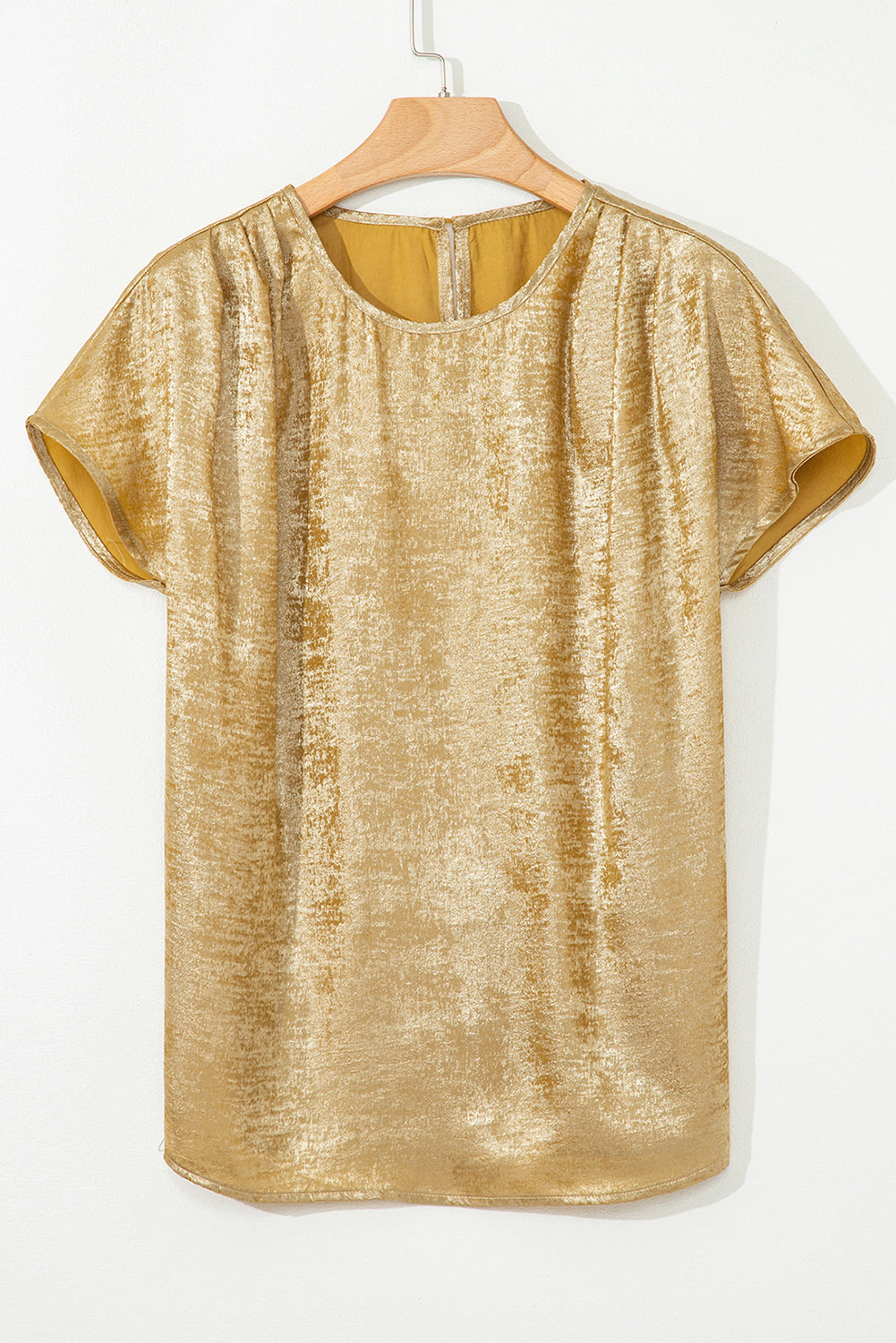 Gold Glossy Round Neck Pleated Detail Short Sleeve Blouse