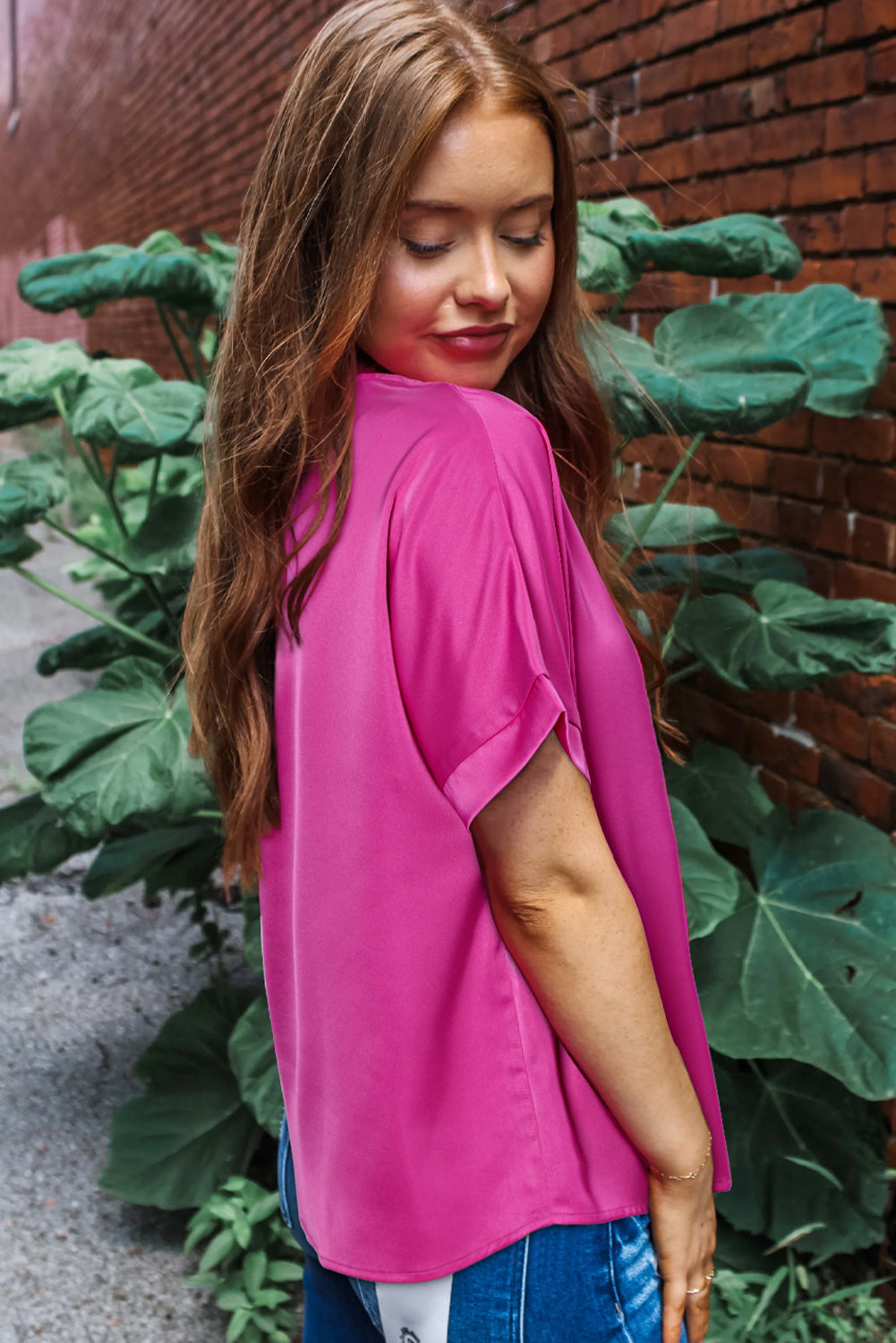 Bright Pink Silky V Neck Dolman Blouse