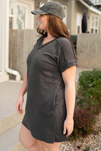 Carbon Grey Corded V Neck Plus Size T Shirt Dress with Pockets