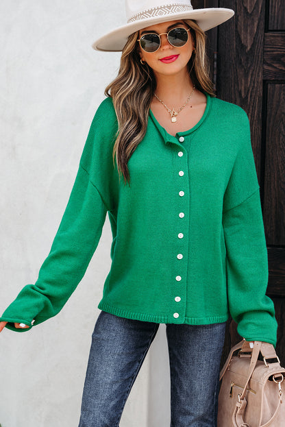 Wisteria Solid Color Knit Button Drop Shoulder Sweater Cardigan