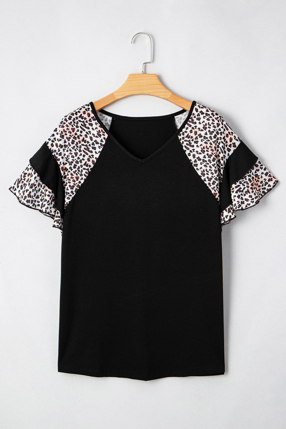 Black Leopard Ruffle Patchwork Sleeve Plus Size Summer Top