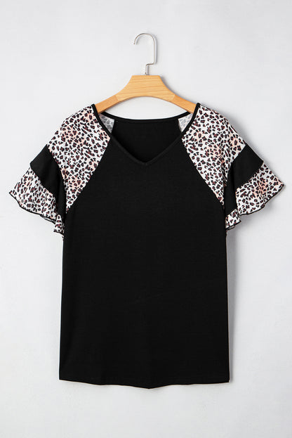 Black Leopard Ruffle Patchwork Sleeve Plus Size Summer Top