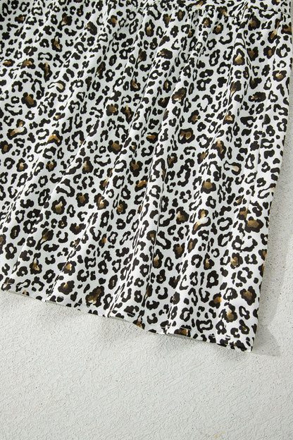 Khaki Plus Size Buttoned Contrast Trim Puff Sleeve Leopard Print Blouse