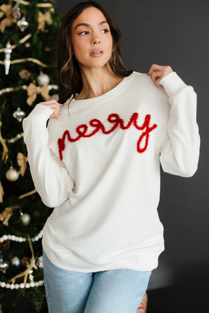 White Merry Tinsel Letter Embroidery Ribbed Drop Shoulder Sweatshirt