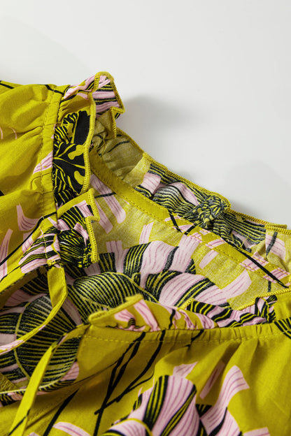 Yellow Vintage Floral V Neck Ruffle Trim Long Sleeve Blouse