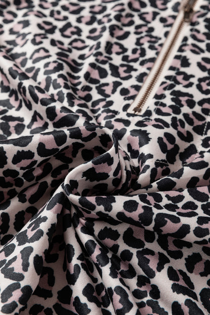 Khaki Leopard Print Half Zip up Blouse