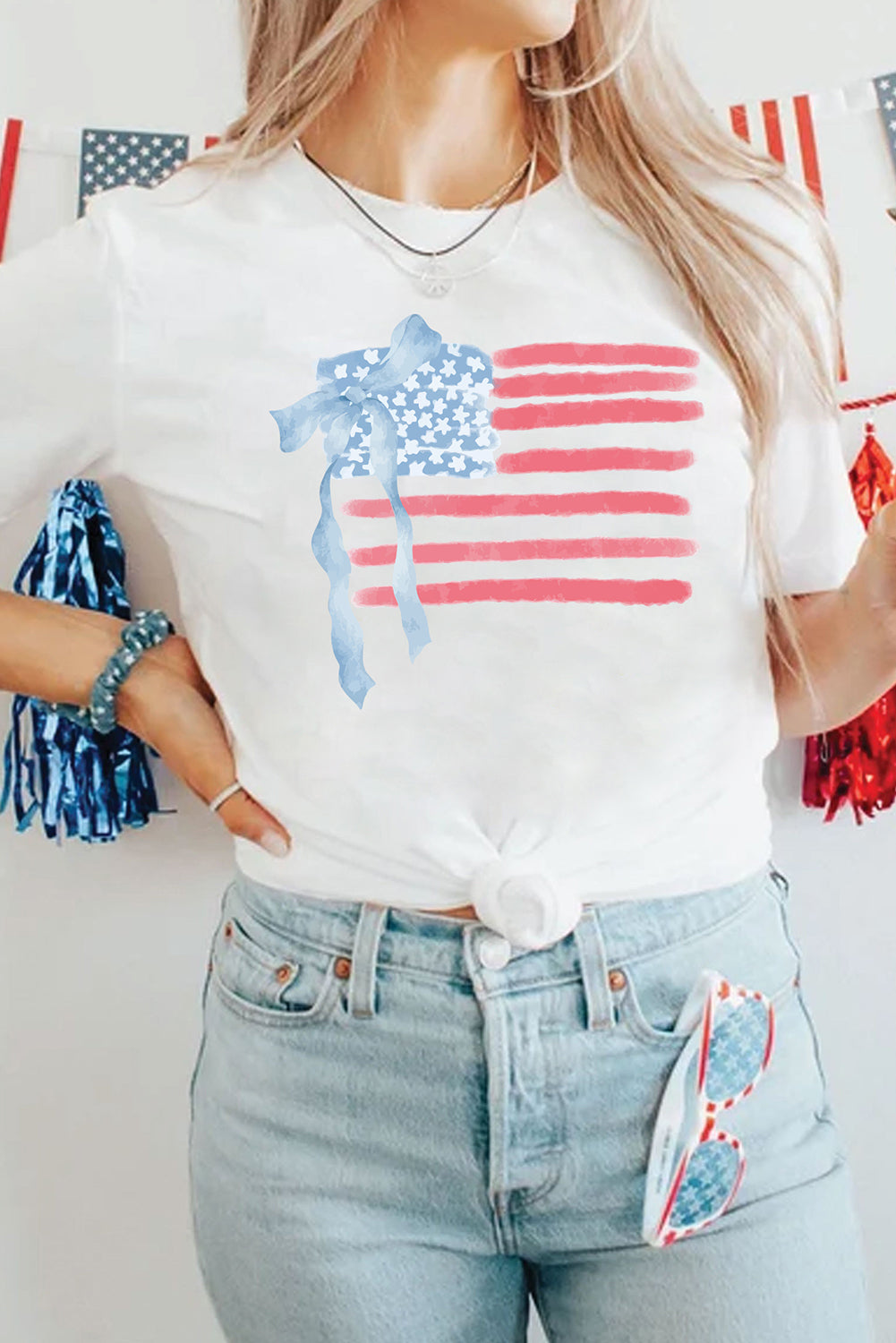 White American Flag Bow Knot Print Crew Neck T Shirt