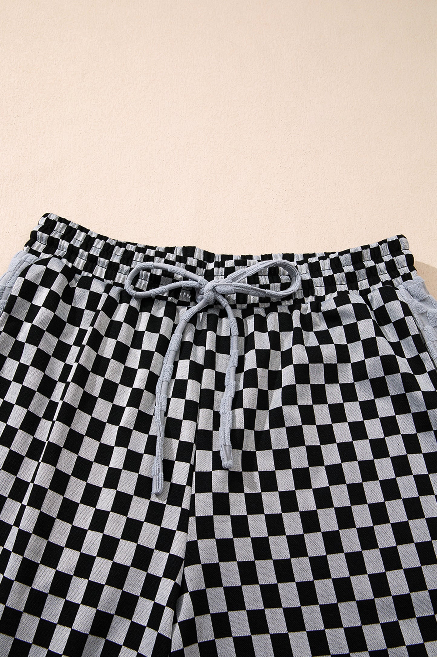 White Checkerboard Drawstring Waist Casual Pants