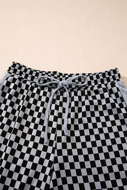 White Checkerboard Drawstring Waist Casual Pants