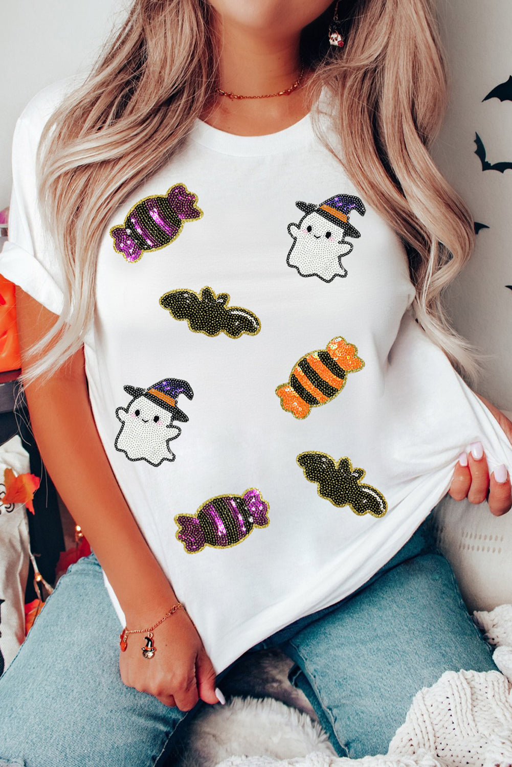 White Sequined Halloween Spirit Pattern Patched Custom Casual Tee