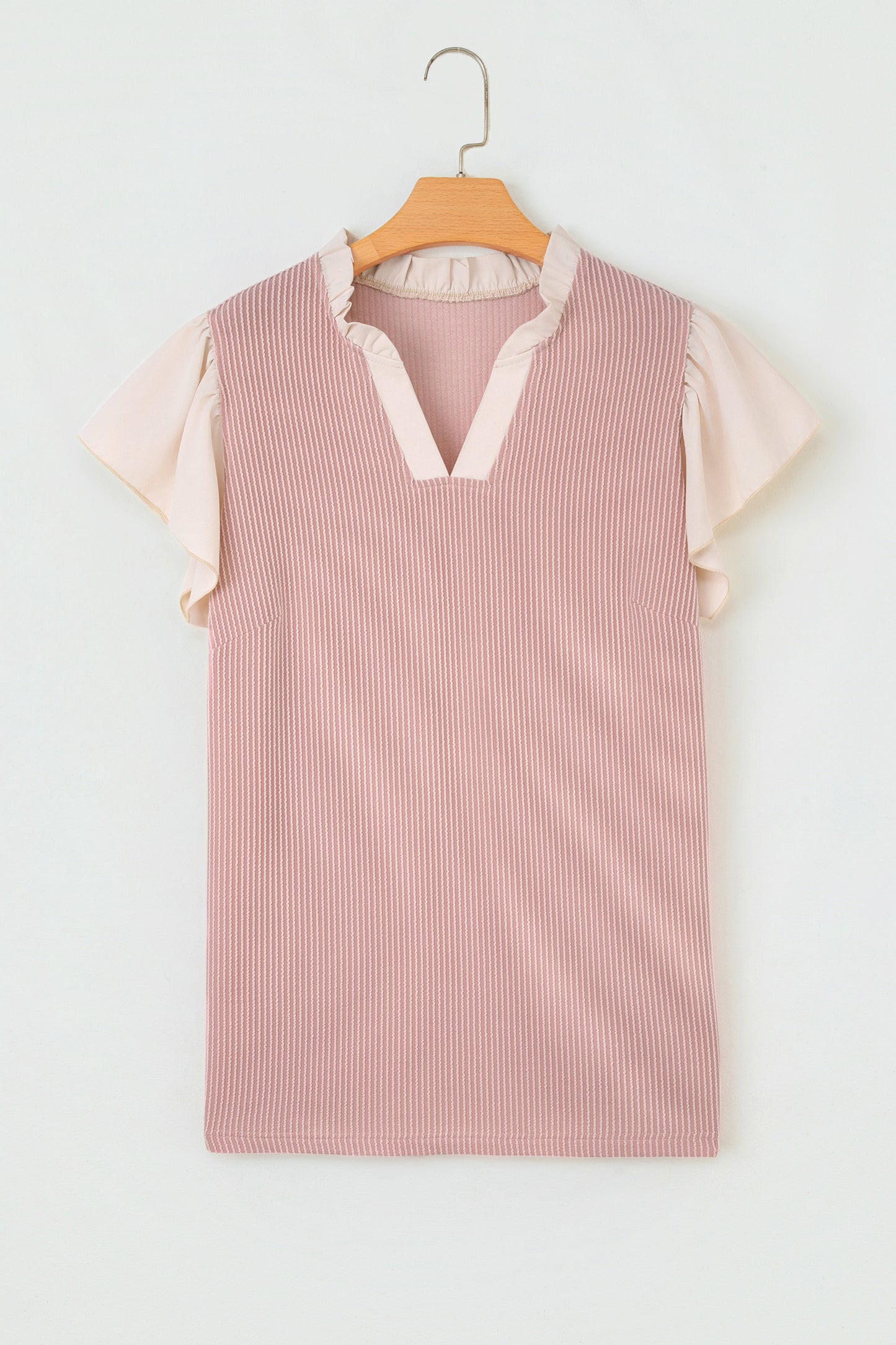 Light Blue Plus Size Contrast Frilled Neckline Ruffled Short Sleeve Ribbed Textured Blouse