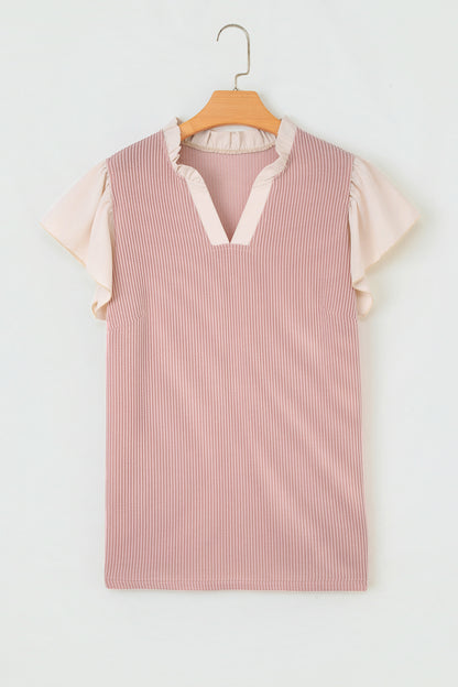 Light Blue Plus Size Contrast Frilled Neckline Ruffled Short Sleeve Ribbed Textured Blouse