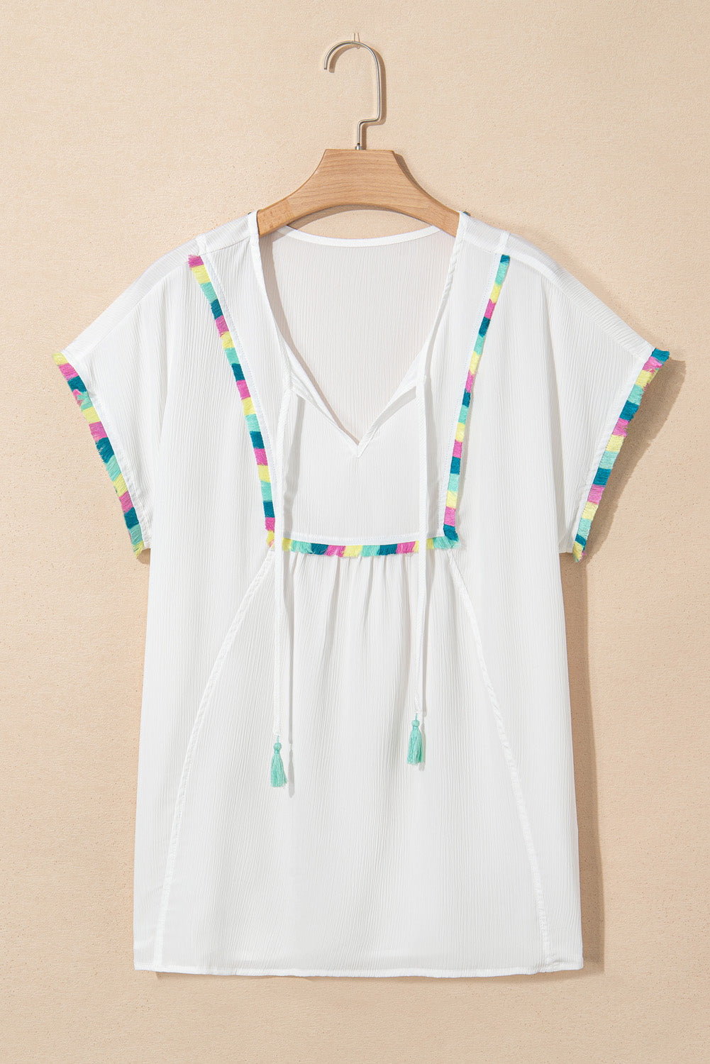 White Colorful Fringed Detail Tassel Tie Neck Short Sleeve Blouse