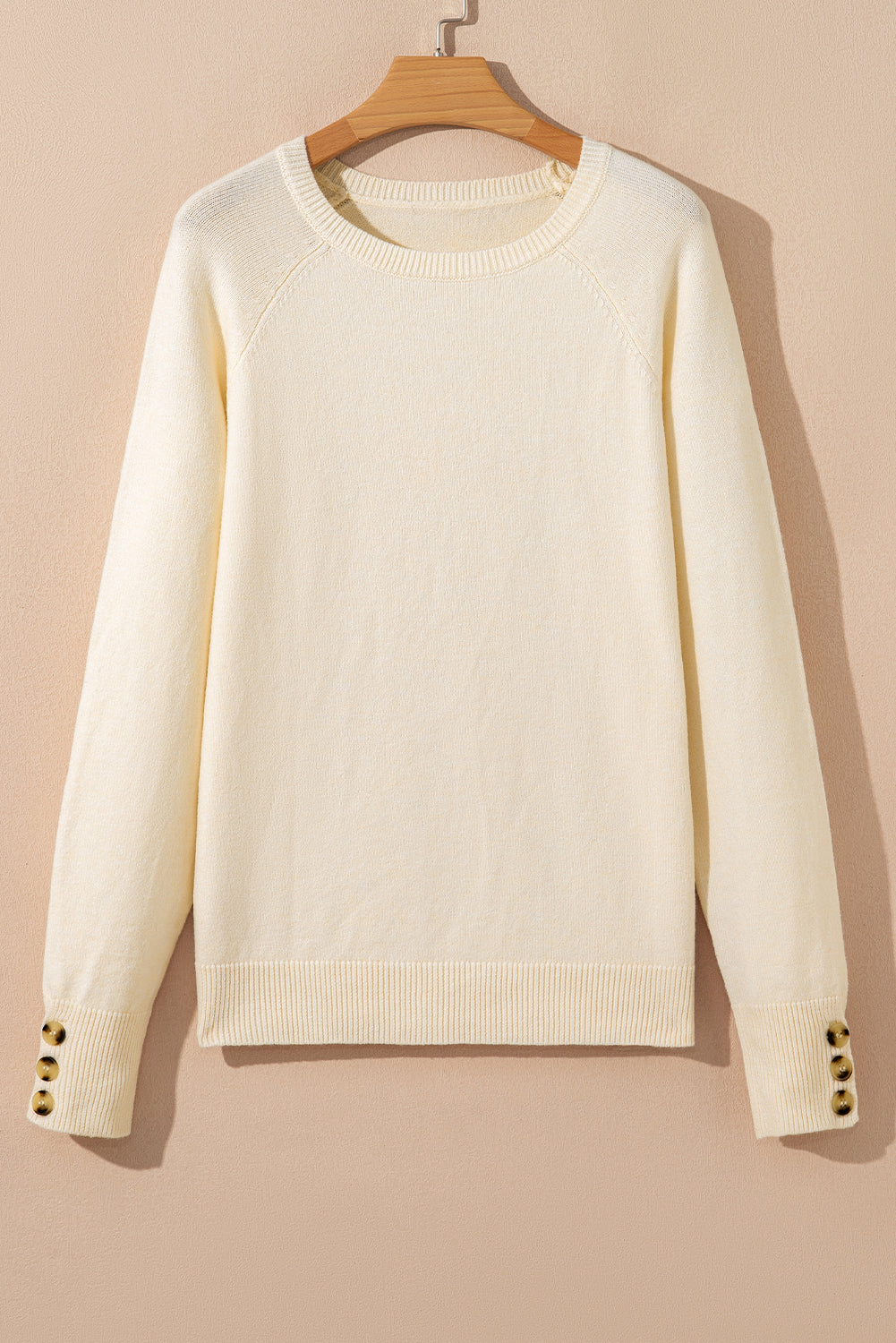 White Buttoned Bishop Sleeve Crew Neck Sweater