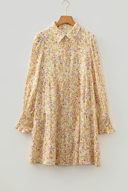 Yellow Floral Print Frilly Trim Smocked Cuff Long Sleeve Loose Shirt Dress