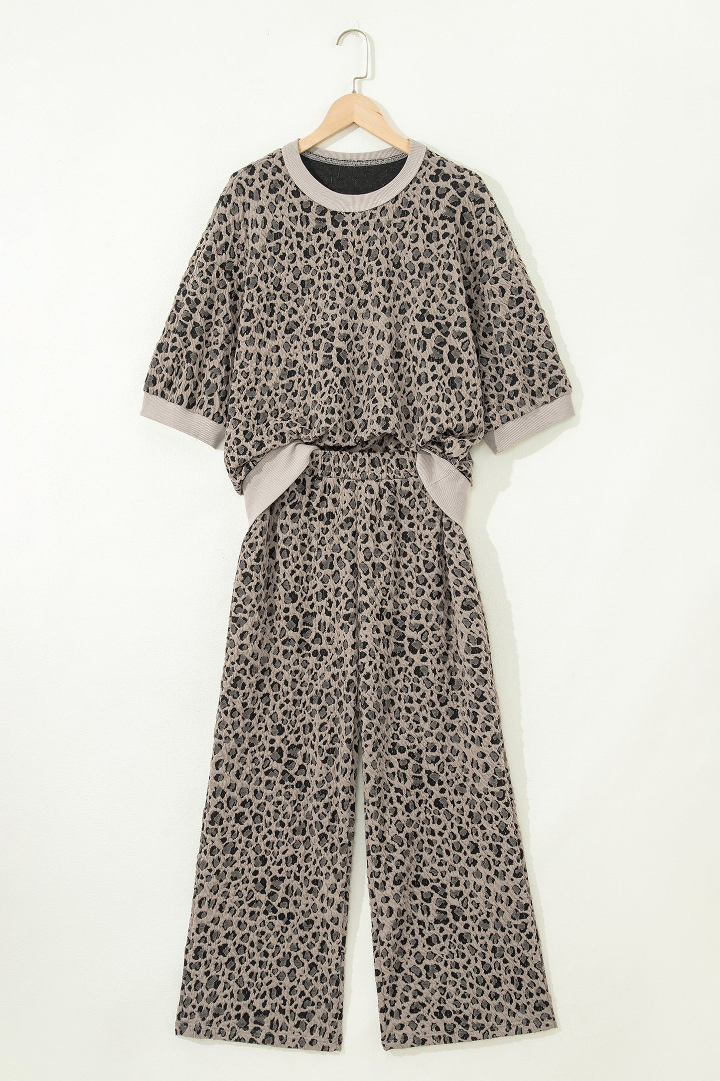 Khaki Jacquard Leopard Half Sleeve Jumper Wide Leg Pant Set