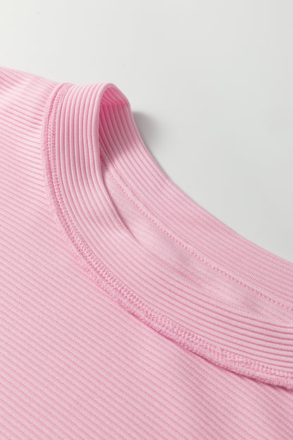 Pink Drop Shoulder Long Sleeve Plus Size Ribbed Top