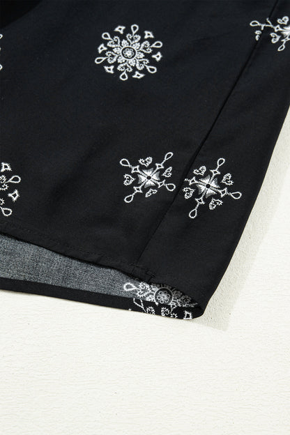 Black Boho Chic Notched V Neck Plus Floral Short Sleeve Top