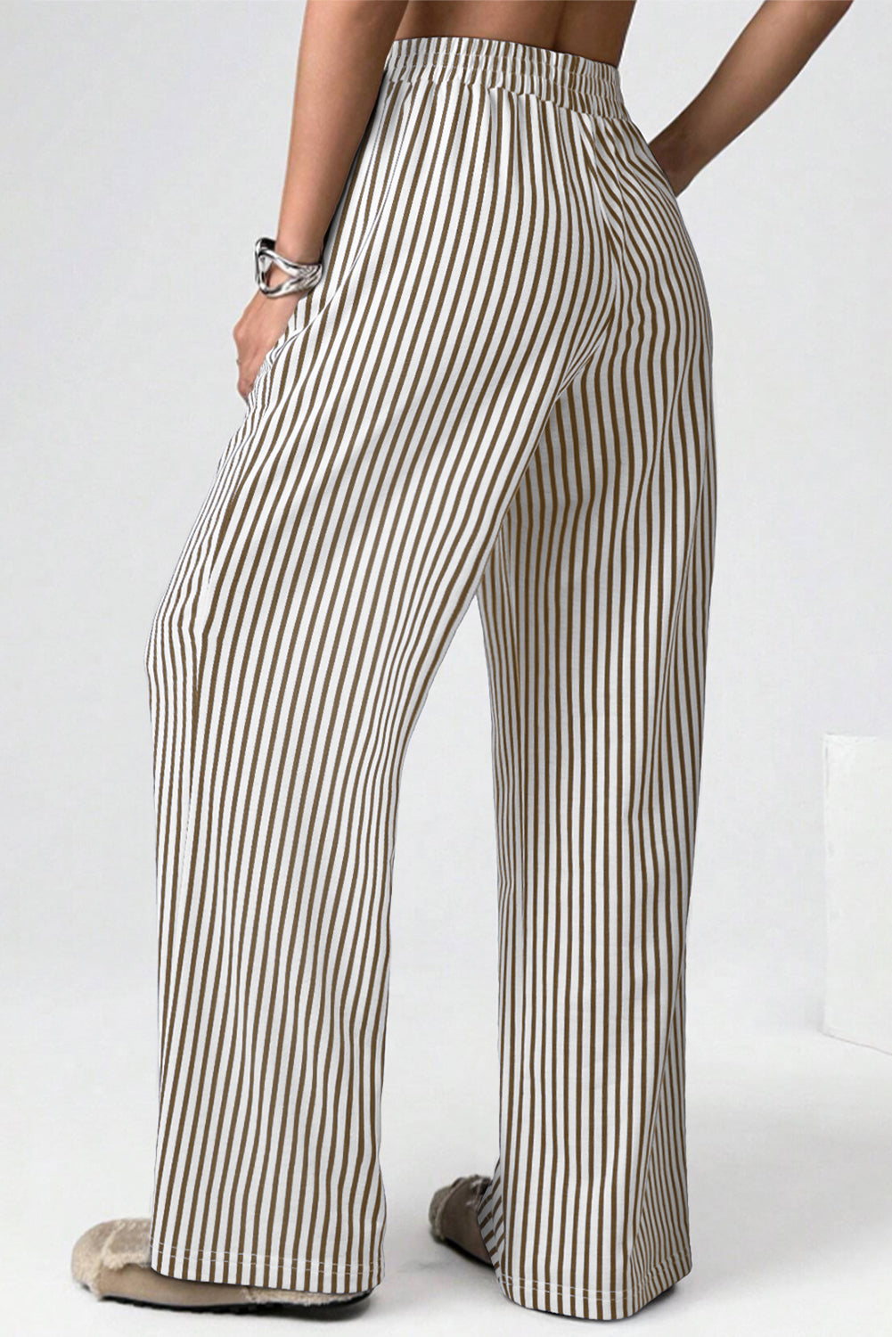 Brown Stripe Elastic High Waist Pocketed Loose Pants