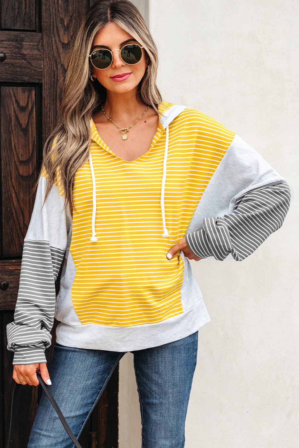Yellow Stripe Color Block Drawstring V Neck Loose Fit Hooded Top