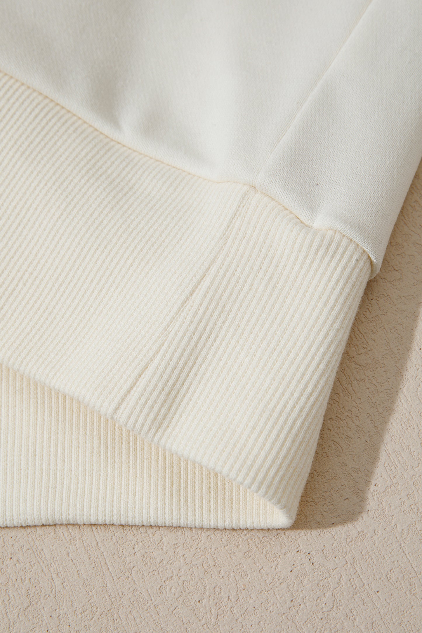 Beige Solid Color Textured Sleeve Patchwork Half Zip Hoodie