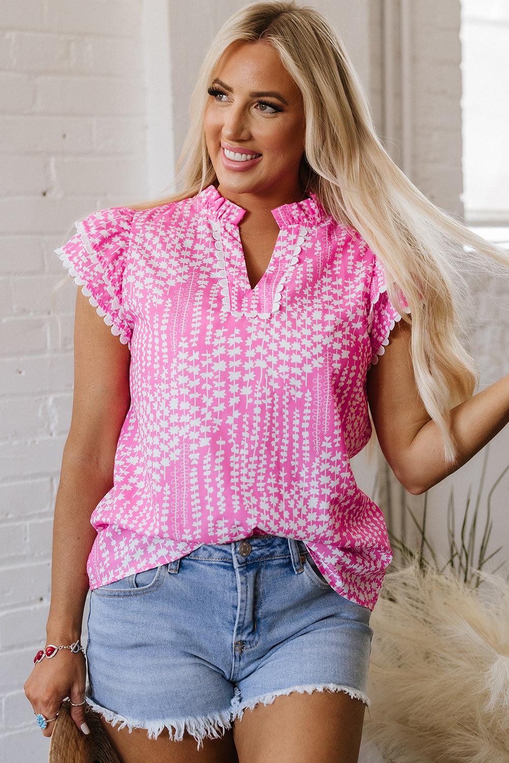 Pink Abstract Print Ric Rac Trim Flutter Sleeve Notch V Neck Blouse