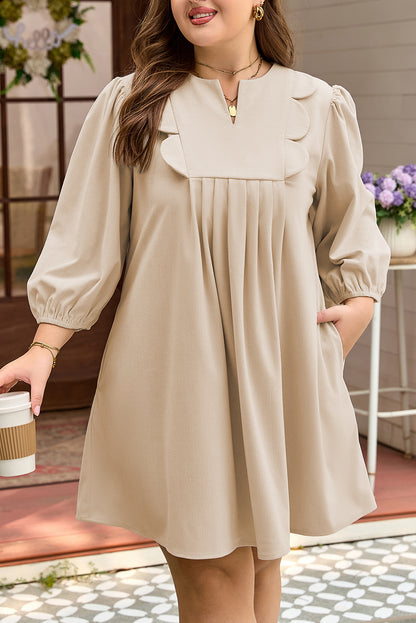 Parchment Notched Neck Scallop Detail Plus Size Mini Dress