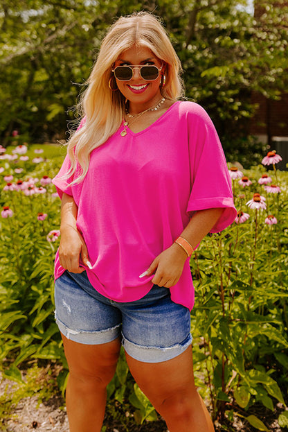 Bright Pink Seamed Back High Low Hem V Neck Cuffed Sleeve Plus Size Tee