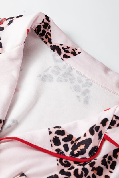 White Leopard Star Ribbon Bow Print Contrast Trim Short Pajama Set