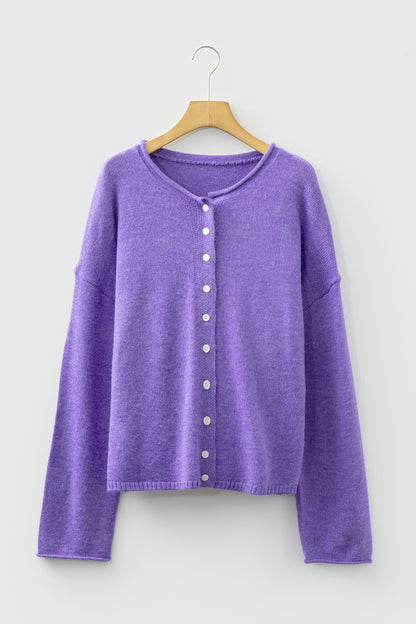 Wisteria Solid Color Knit Button Drop Shoulder Sweater Cardigan