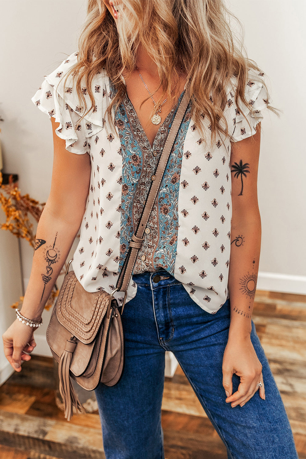 White Boho Pattern Tiered Ruffled Sleeve V Neck Buttoned Blouse