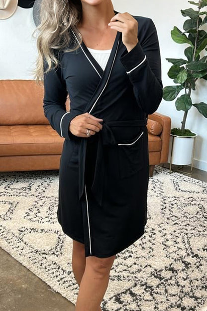 Black Contrast Trim Hooded Lounge Cardigan and Pants Set