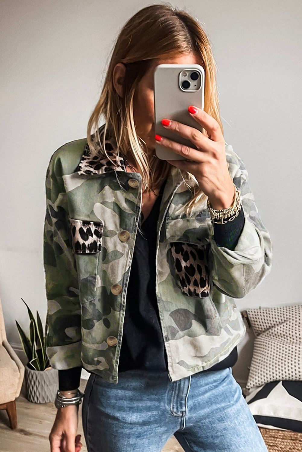 Green Camo Leopard Patchwork Flap Pocket Crop Jacket