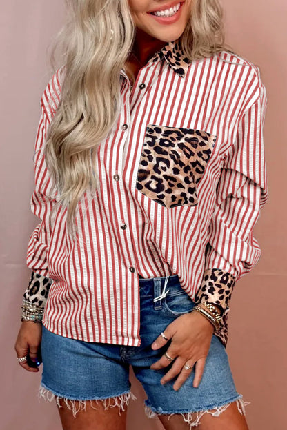 Black Striped Leopard Print Patchwork Button Up Womens Shirt