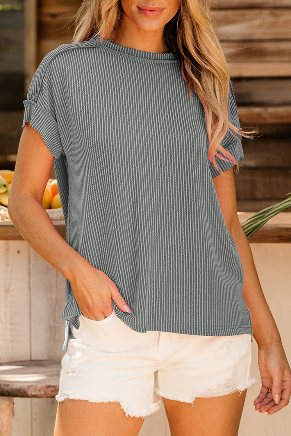 Medium Grey Textured Knit Exposed Stitching T-shirt