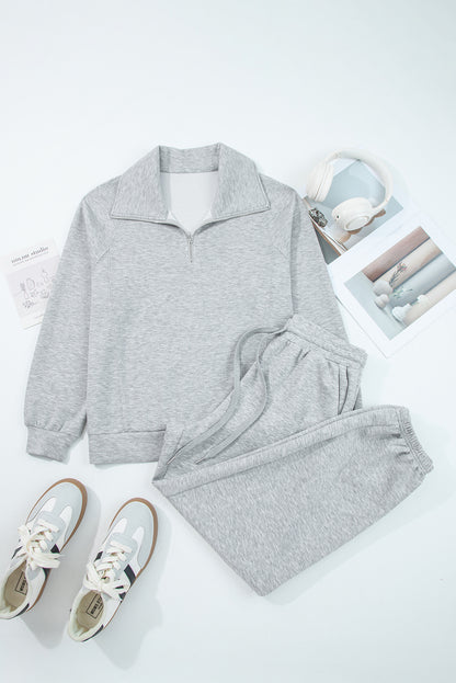 Light Grey Zip Collar Long Sleeve Top Drawstring Pants Set