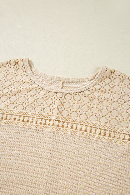 Oatmeal Lace Patchwork Waffle Short Sleeve Plus Size Top