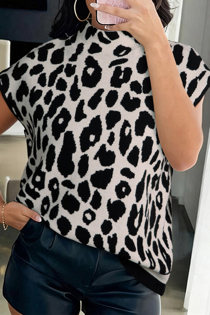 Black Leopard Print High Neck Short Sleeve Sweater