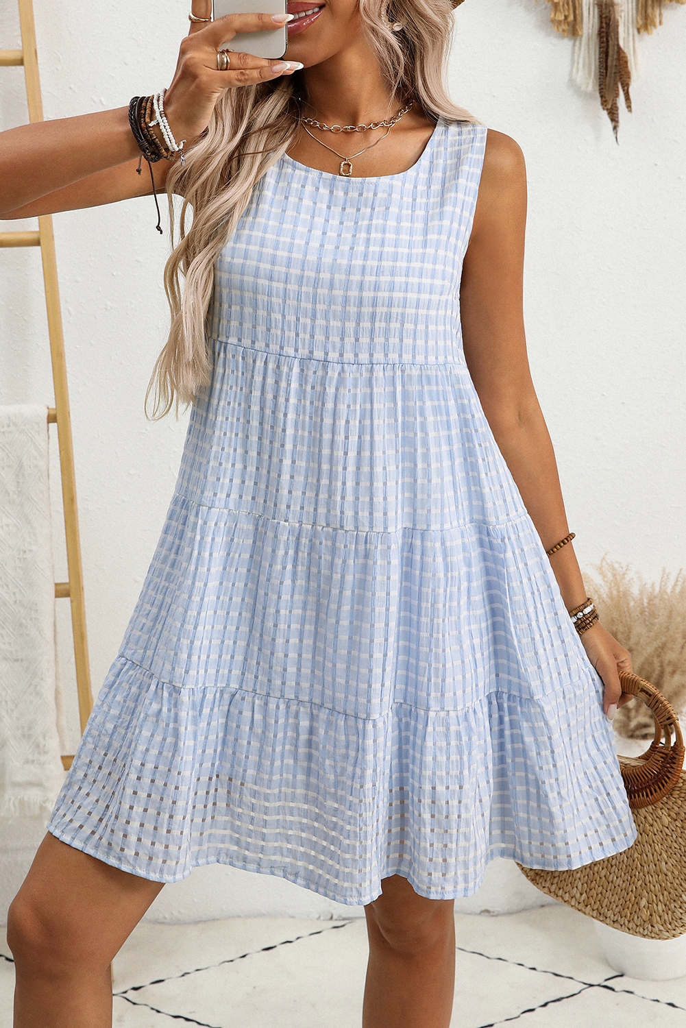 Light Blue Plaid Tiered A-line Sleeveless Mini Sundress
