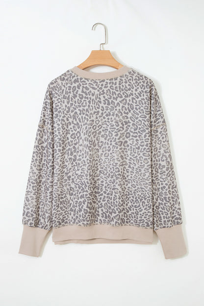 Brown Leopard Print Patchwork Crew Neck Sweatshirt