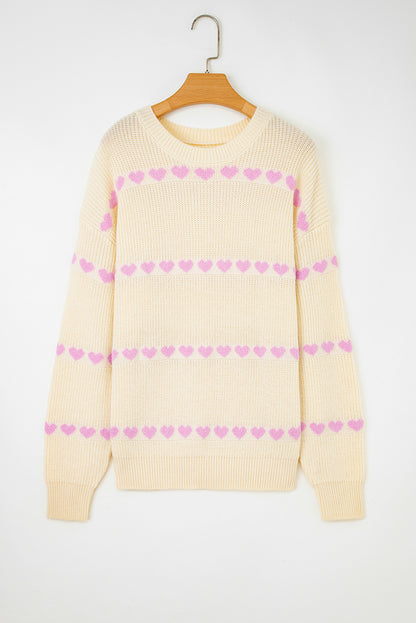 Pink Heart Pattern Valentine Ribbed Knit Sweater