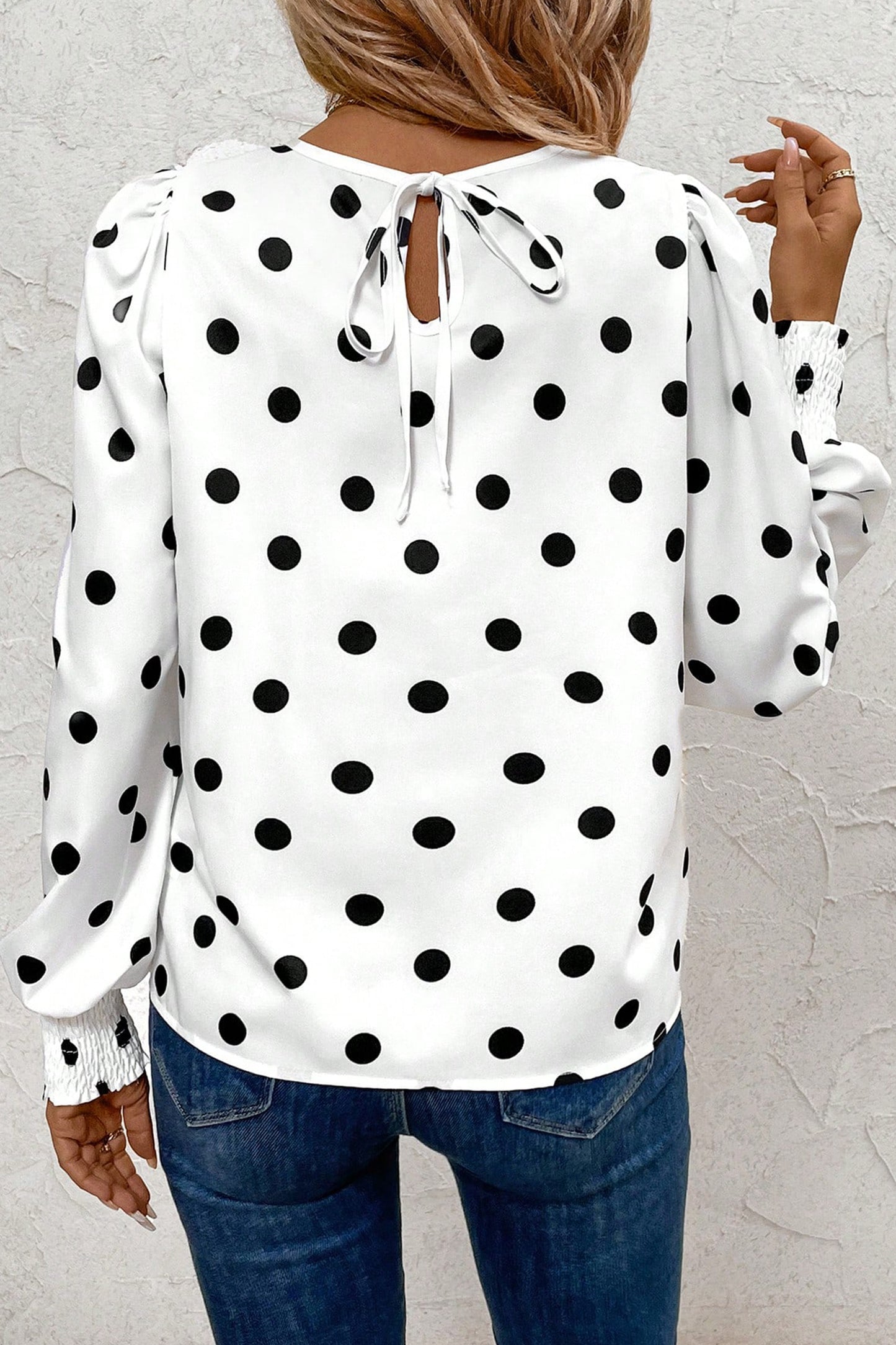 White Polka Dot Print Round Neck Frilled Long Sleeve Blouse
