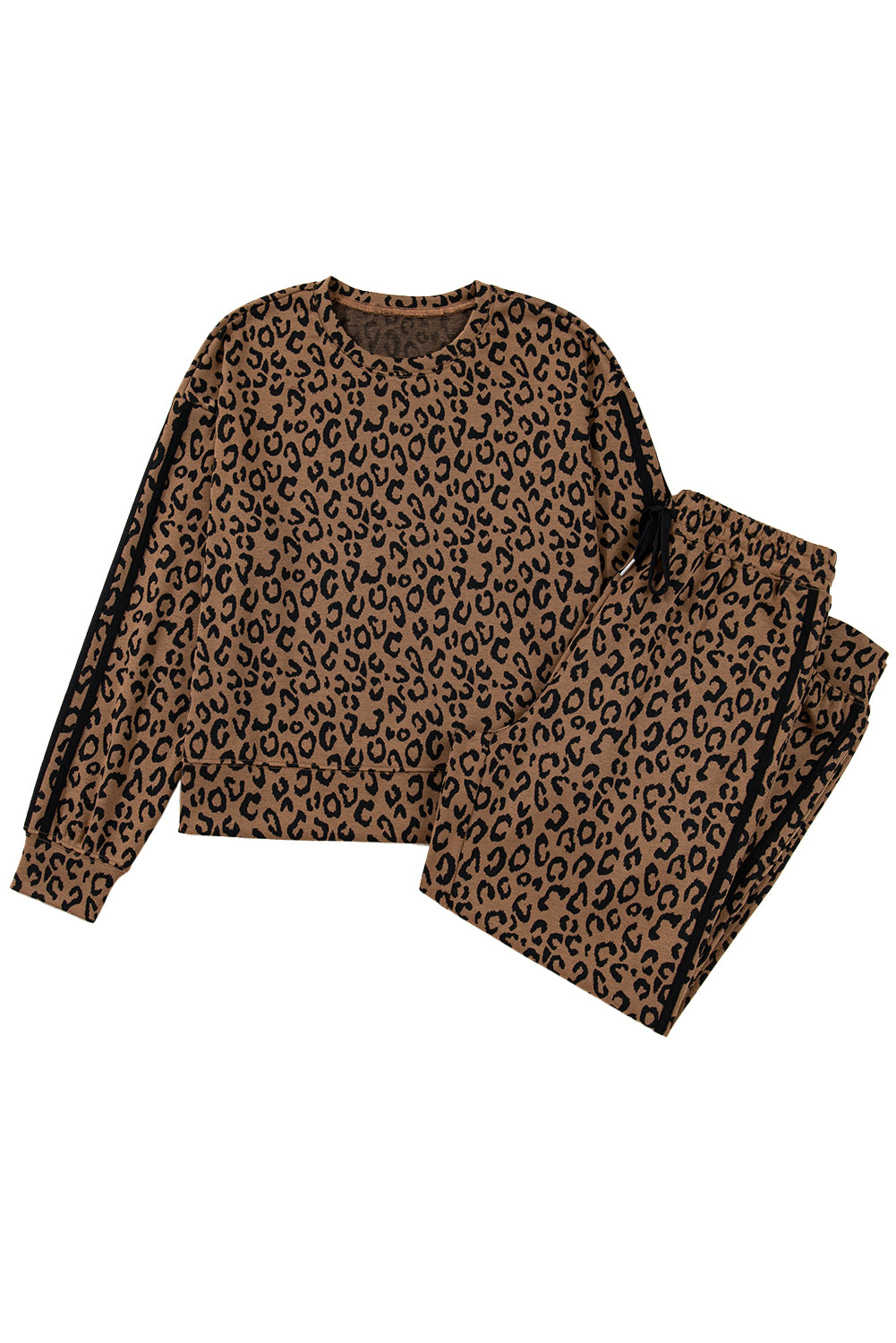Brown Varsity Striped Trim Leopard Long Sleeve Top Drawstring Pant Set