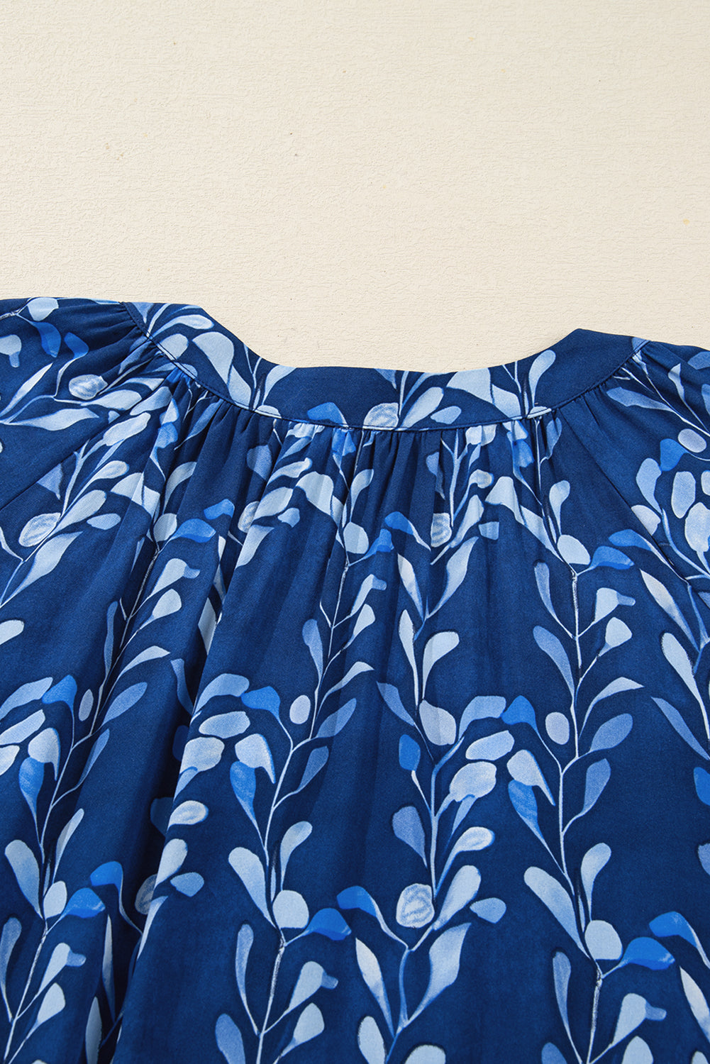 Blue Botanical Print Bracelet Sleeve Notched Neck Blouse